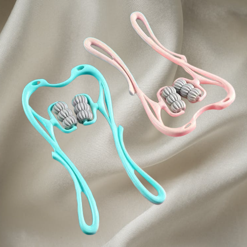 Two handheld massagers, one blue and one pink, on a beige fabric background.