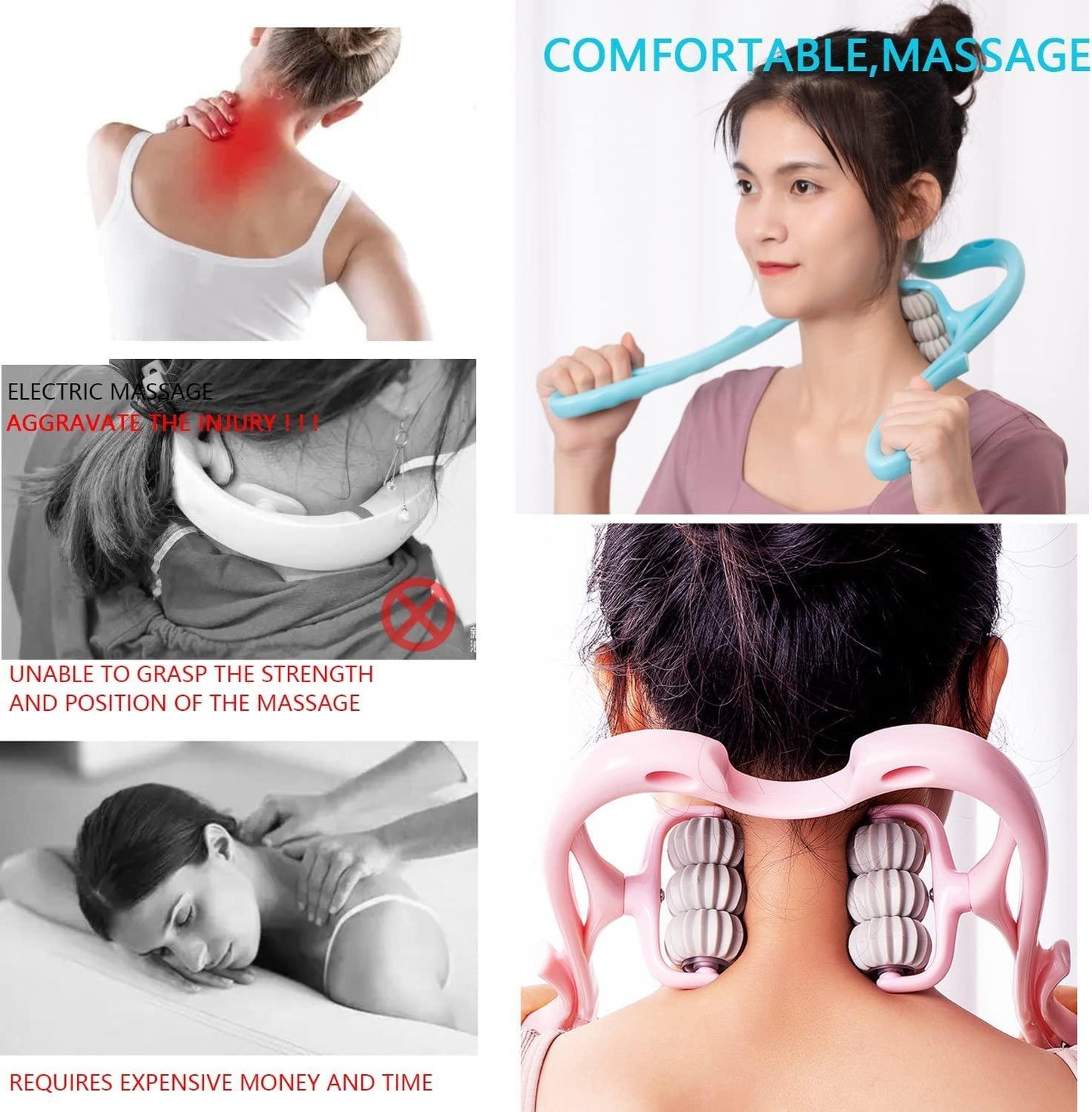 Collage of a woman using a neck and shoulder massager with text highlighting its benefits.