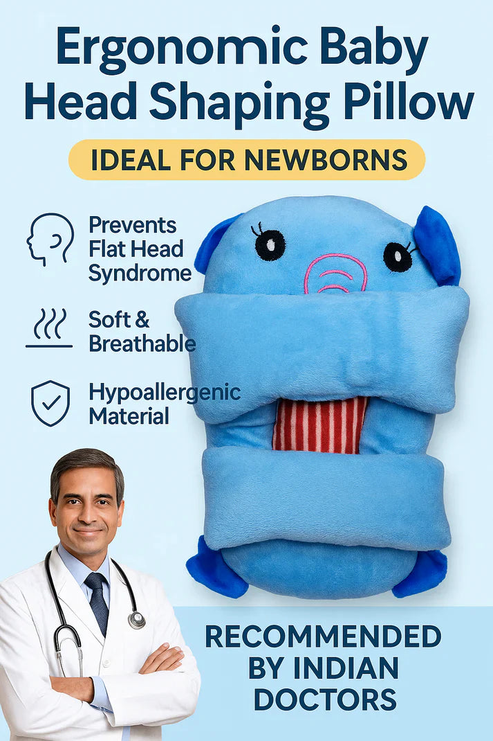 Ergonomic baby head shaping pillow with a doctor's endorsement on a blue background
