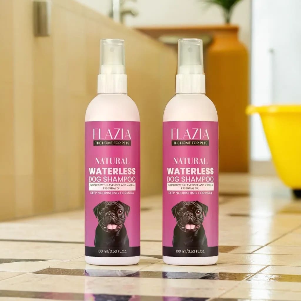 A bottle of Flazia Pets Natural Waterless Dog Shampoo featuring an image of a dog on the label