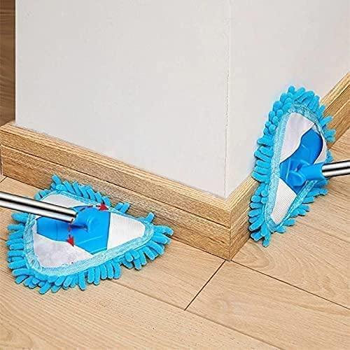 Triangle-shaped rotatable mop with long adjustable handle, ideal for cleaning walls, tiles, windows, and tight spaces.