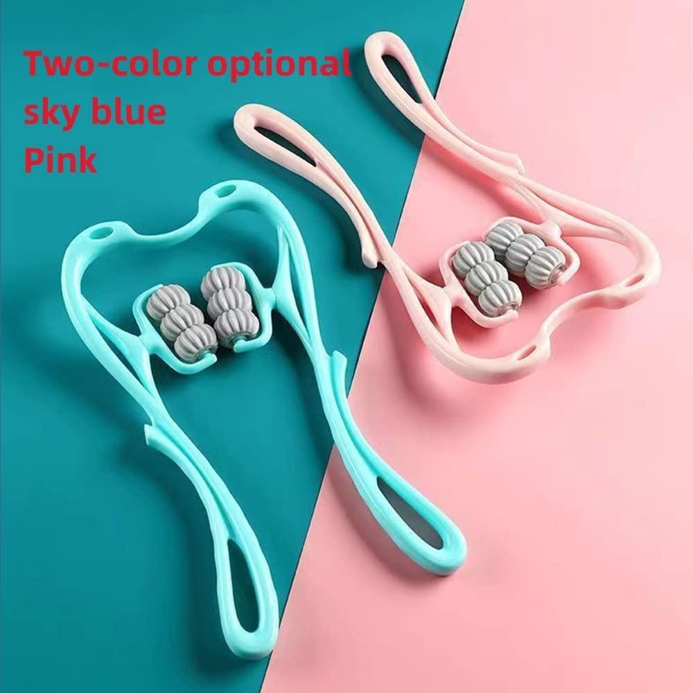 Two handheld massagers, one blue and one pink, on a pink and blue background with text indicating color options.