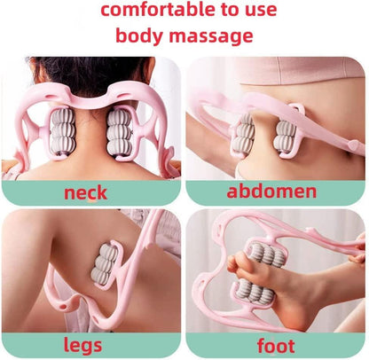 Massage device used on neck, abdomen, legs, and foot with text 'comfortable to use body massage'.