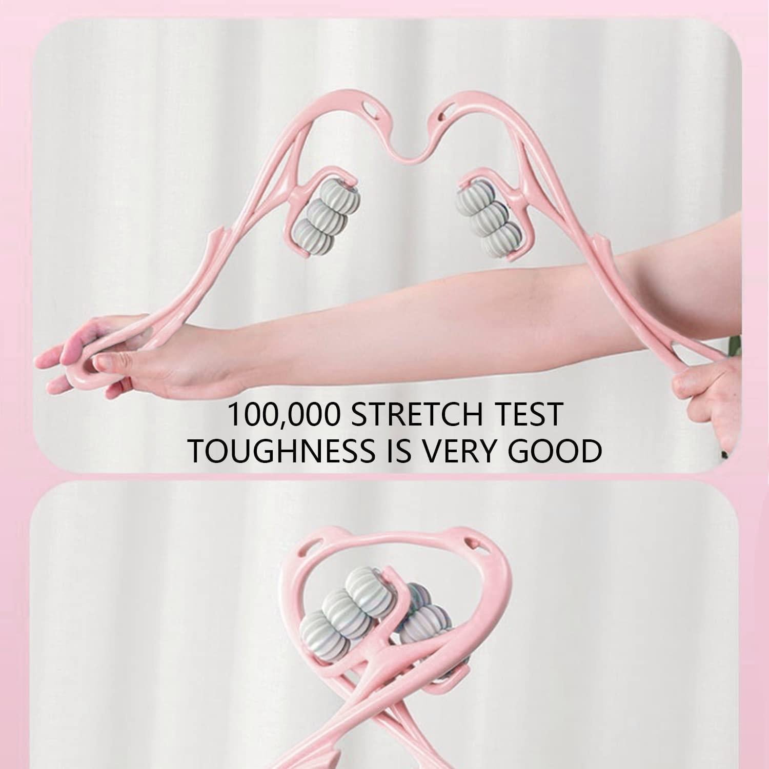 Pink handheld device with gray rollers being used on a white background, text indicating stretch test toughness.