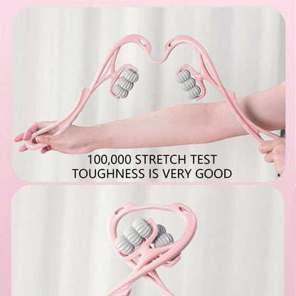 Pink handheld device with gray rollers being used on a white background, text indicating stretch test toughness.