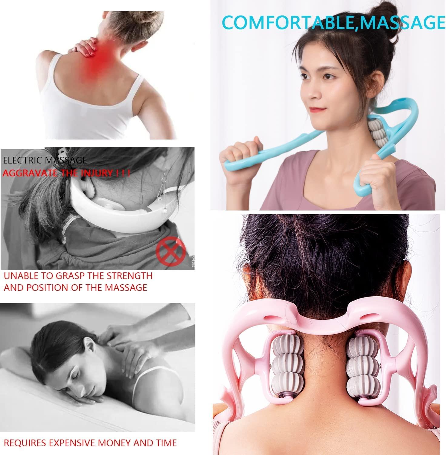 Collage of a woman using a neck and shoulder massager with text highlighting its benefits.