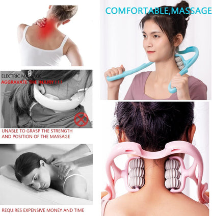 Collage of a woman using a neck and shoulder massager with text highlighting its benefits.