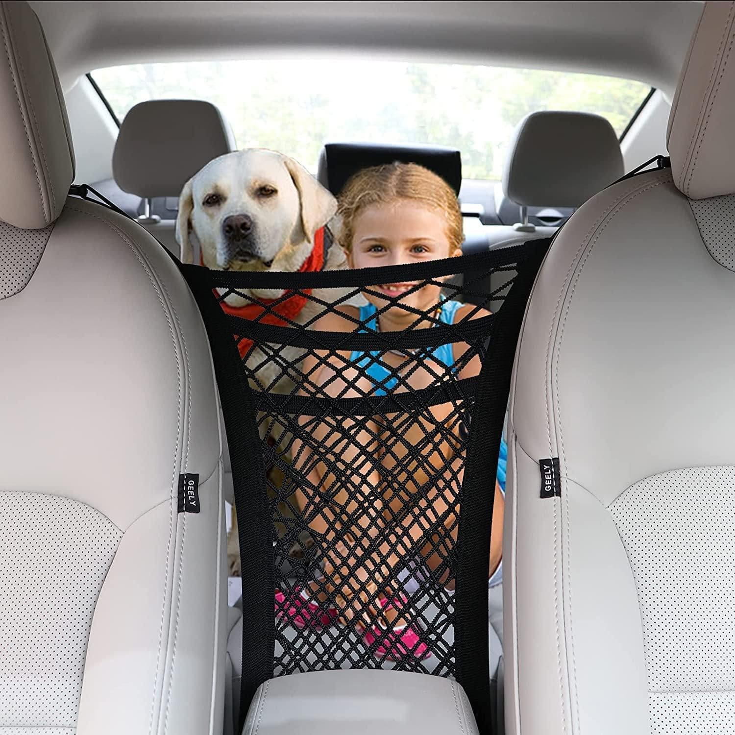 AUTOMAZE 3-layer car mesh organizer for backseat storage for dog and children.