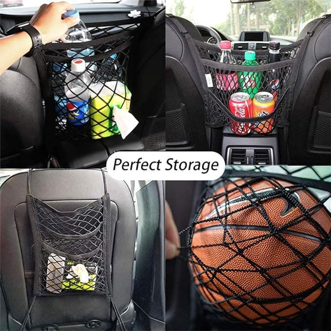 AUTOMAZE 3-layer car mesh organizer with elastic straps, triple storage pockets, and universal fit design for cars, SUVs, and trucks.