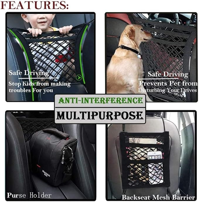 AUTOMAZE 3-layer car mesh organizer with elastic net pockets for storing bottles, tissues, and accessories. Multipurpose design improves organization and keeps items secure for safe driving.