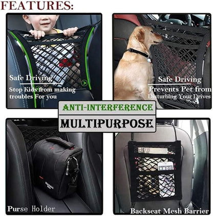 AUTOMAZE 3-layer car mesh organizer with elastic net pockets for storing bottles, tissues, and accessories. Multipurpose design improves organization and keeps items secure for safe driving.
