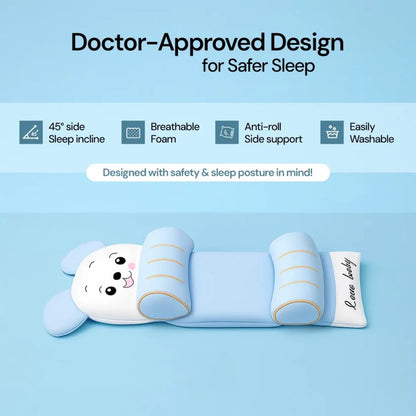 Baby safety pillow with cartoon dog design on a blue background, featuring text about its features.