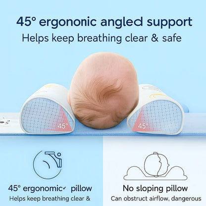 Baby lying on a 45-degree ergonomic pillow with text explaining its benefits.