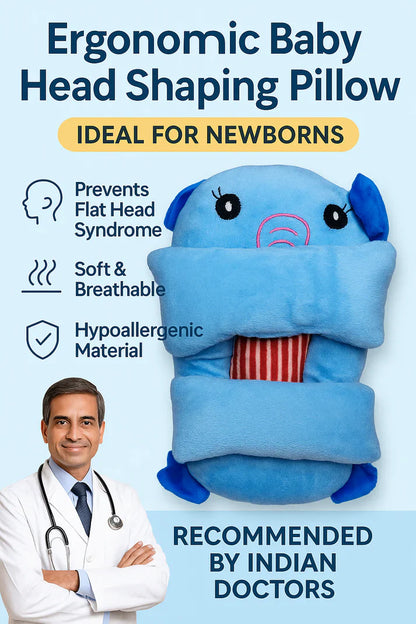 Ergonomic baby head shaping pillow with a doctor's endorsement on a blue background