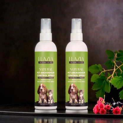 White plastic spray bottle of FLAZIA Pets Natural Pet Area Odor Control Spray with trigger nozzle, formulated to neutralize pet odors in living areas.