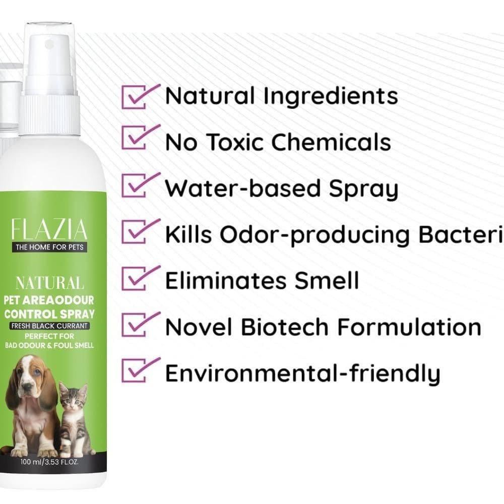 FLAZIA Pets Natural Pet Area Odor Control Spray bottle with feature points highlighted — natural ingredients, eco-friendly formula, safe for pets, eliminates odors, and easy-to-use trigger spray.