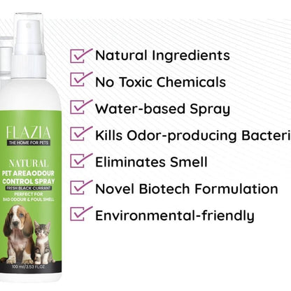 FLAZIA Pets Natural Pet Area Odor Control Spray bottle with feature points highlighted — natural ingredients, eco-friendly formula, safe for pets, eliminates odors, and easy-to-use trigger spray.
