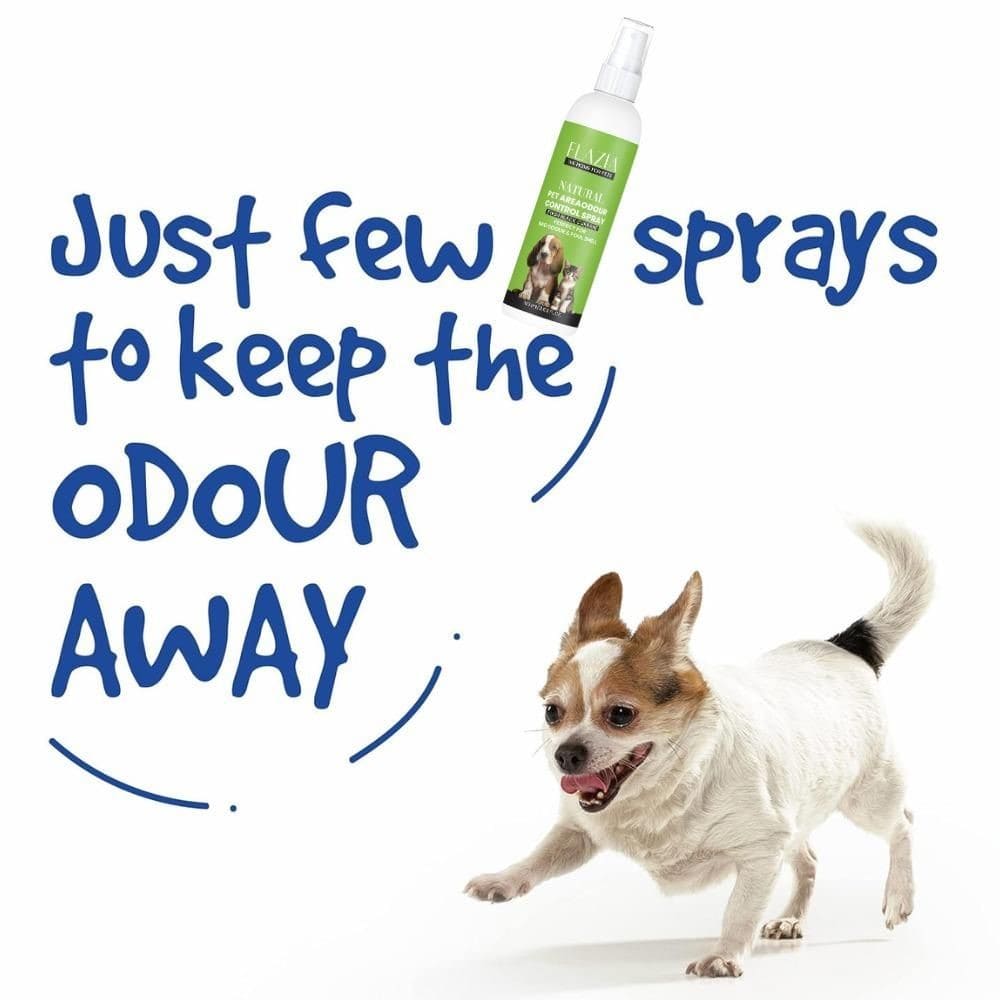 Spray bottle of FLAZIA Pets Natural Pet Area Odor Control with illustrated aroma waves and icons of freshness, highlighting its odor-neutralizing fragrance.