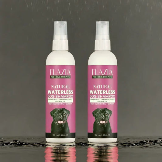 Two bottles of Flazia Pets Natural Waterless Dog Shampoo with a black dog's image on the labels, displayed against a dark background with water droplets around them.