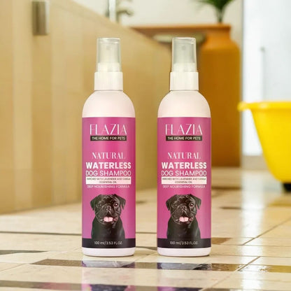 A bottle of Flazia Pets Natural Waterless Dog Shampoo featuring an image of a dog on the label