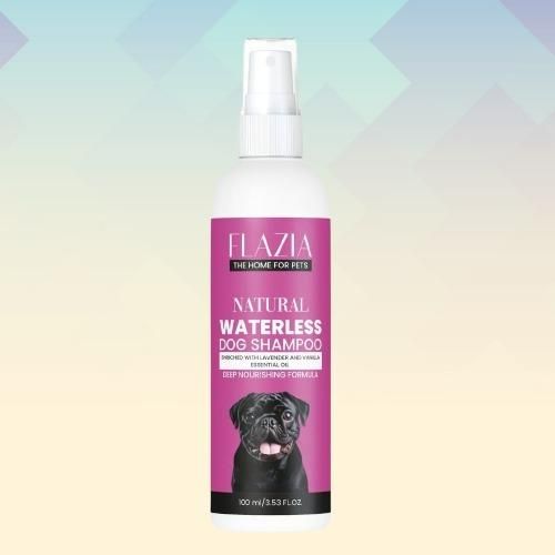 A bottle of Flazia Pets Natural Waterless Dog Shampoo featuring an image of a dog on the label.