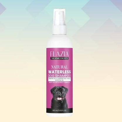 A bottle of Flazia Pets Natural Waterless Dog Shampoo featuring an image of a dog on the label.