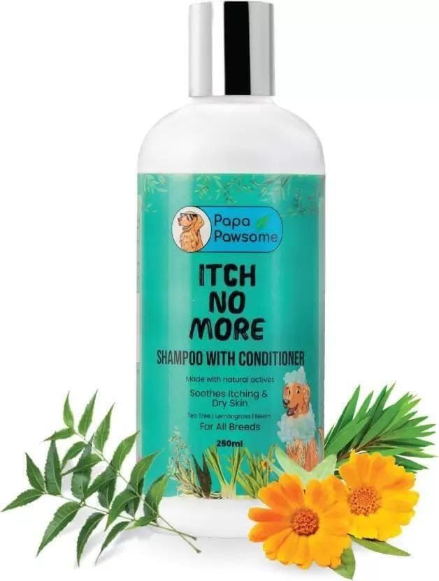 "Flea and tick itch no more shampoo with conditioner shown next to clean, fresh dog after bath."