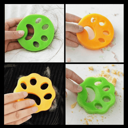 Floating mesh lint remover for washing machine with plastic top and fine net for trapping hair, dust, and fabric lint.