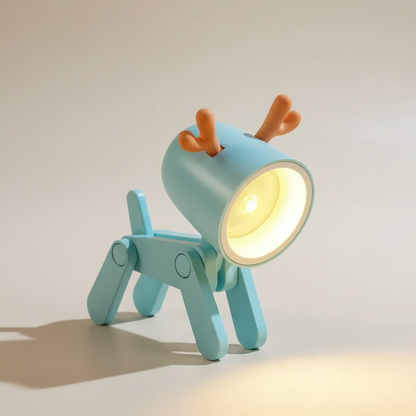 Children's night light shaped like a reindeer with a soft glow on a plain background