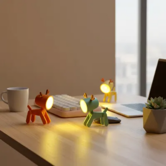 Three small animal-shaped lamps on a desk with a laptop and mug in the background.