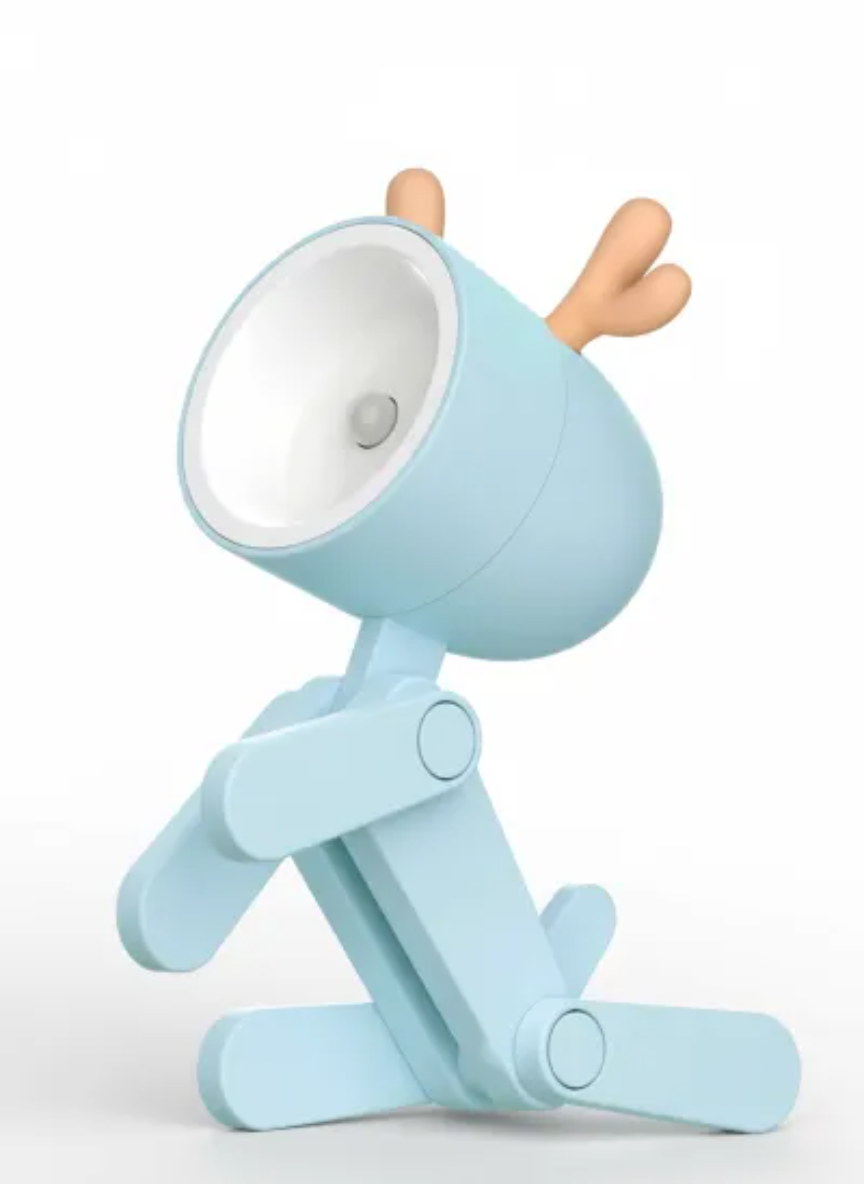 Light blue robot toy with a white face on a white background