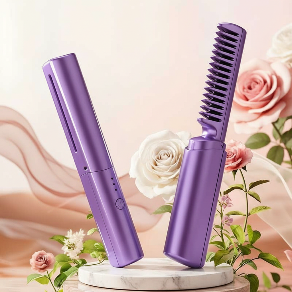Purple hair straightener with comb attachment on a floral background