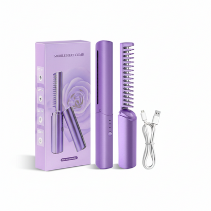 Purple mobile heat comb with packaging, comb, and USB cable on a white background