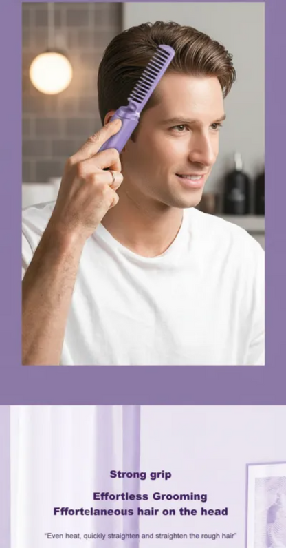 Man combing his hair with a purple comb in a bathroom setting