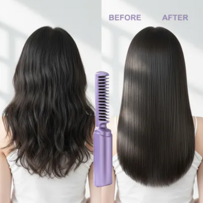 Before and after comparison of hair straightening with a comb and hair straightener.