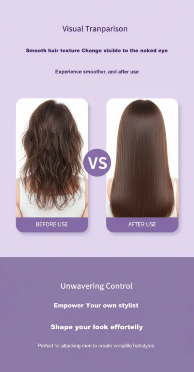 Before and after comparison of hair texture on a purple background