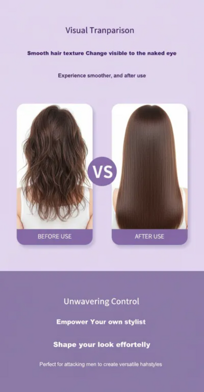 Before and after comparison of hair texture on a purple background