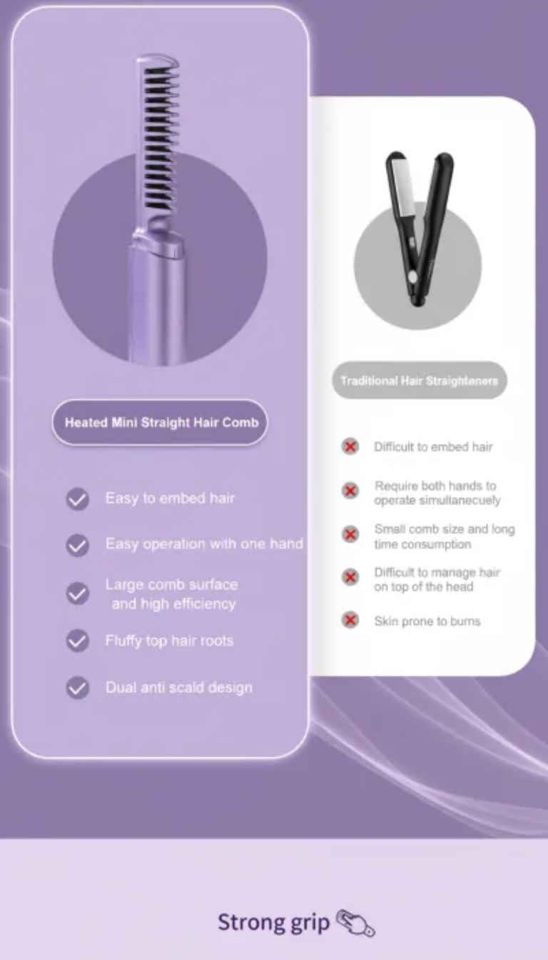 Heated mini straight hair comb with features and comparison to traditional hair straightener on a purple background