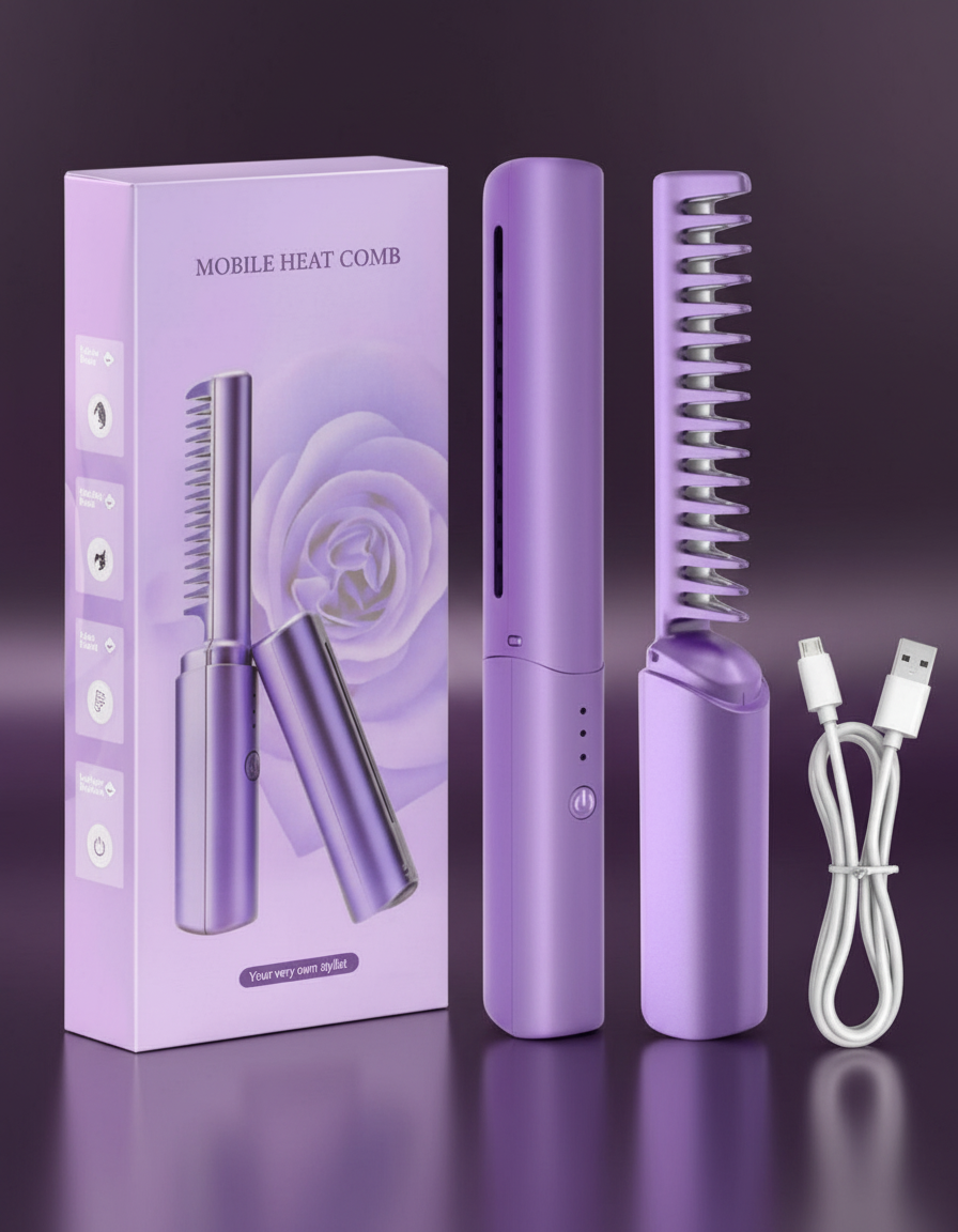 Purple mobile heat comb with packaging and USB cable on a dark background
