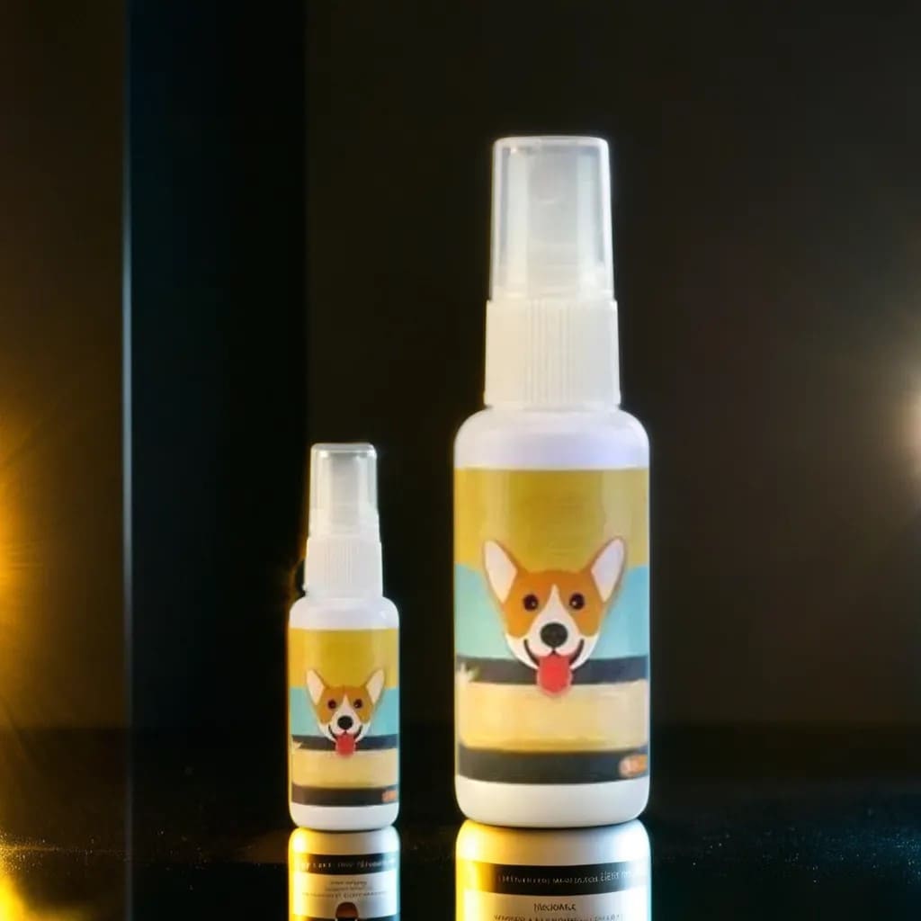 Two bottles of Natural Potty Training Spray for Dogs & Cats, one smaller and one larger, with labels featuring a cartoon image of a dog.