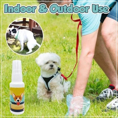 Bottle of natural potty training spray for dogs and cats, safe and effective for both indoor and outdoor areas to encourage proper toilet habits.