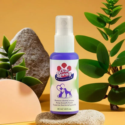 A bottle of oral spray for dogs and cats placed on a rock, with plants in the background, indicating it is a pet oral hygiene product.
