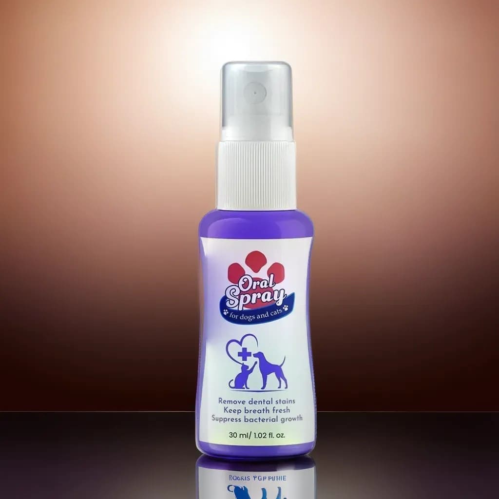 Pet oral spray for dogs and cats, designed to freshen breath and support dental hygiene.