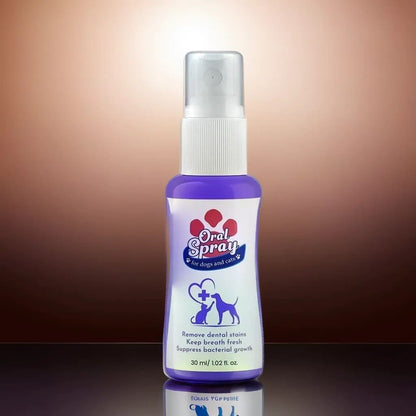 Pet oral spray for dogs and cats, designed to freshen breath and support dental hygiene.
