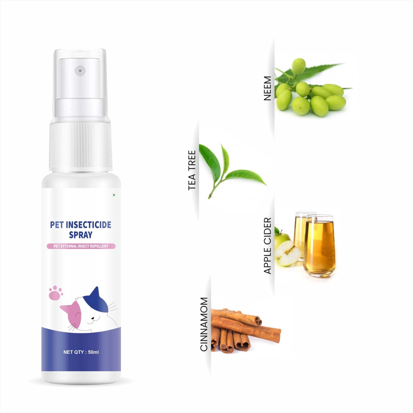 The image shows a bottle of Pet Insecticide Deodorant Spray with illustrations of neem leaves, apple cider, and cinnamon sticks, which may indicate the natural ingredients of the product.