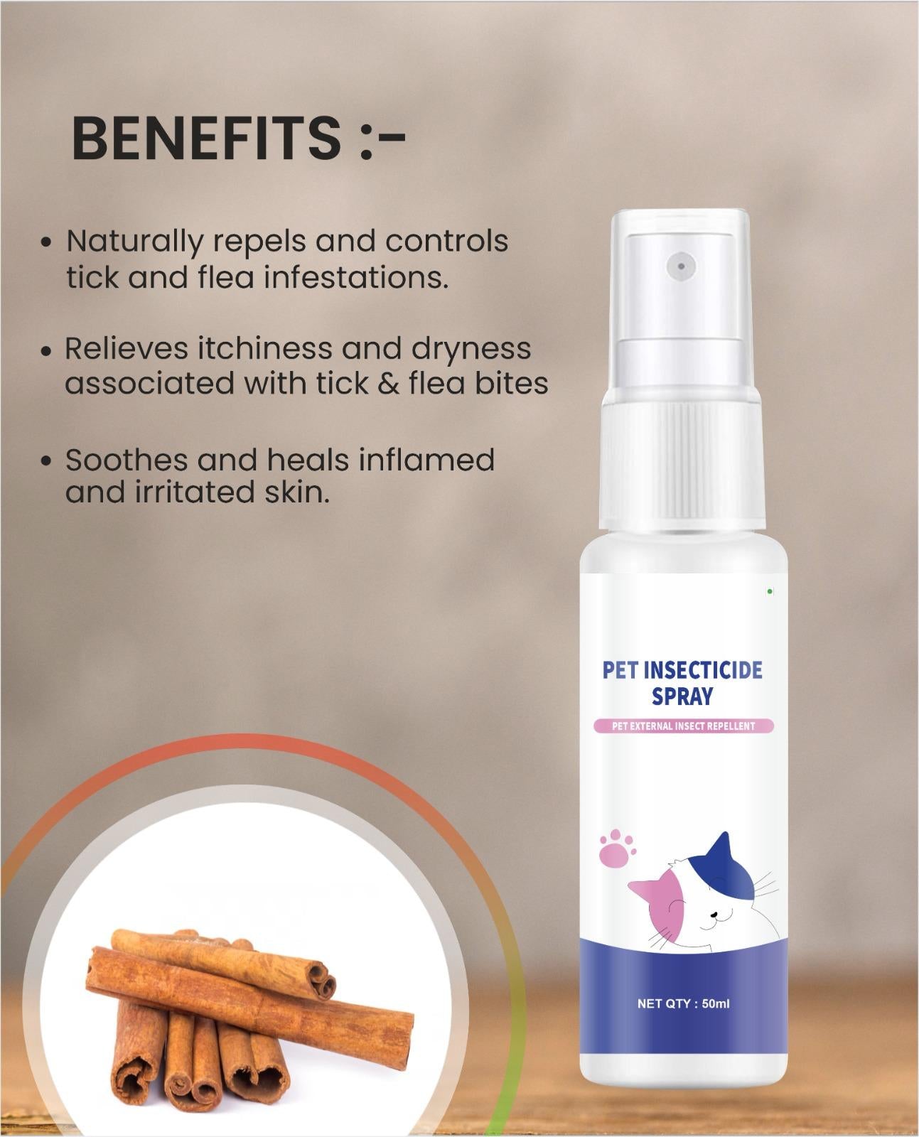 Image of pet insecticide deodorant spray highlighting benefits — kills fleas, ticks, and insects, removes bad odor, keeps pet coat fresh, and safe for regular use