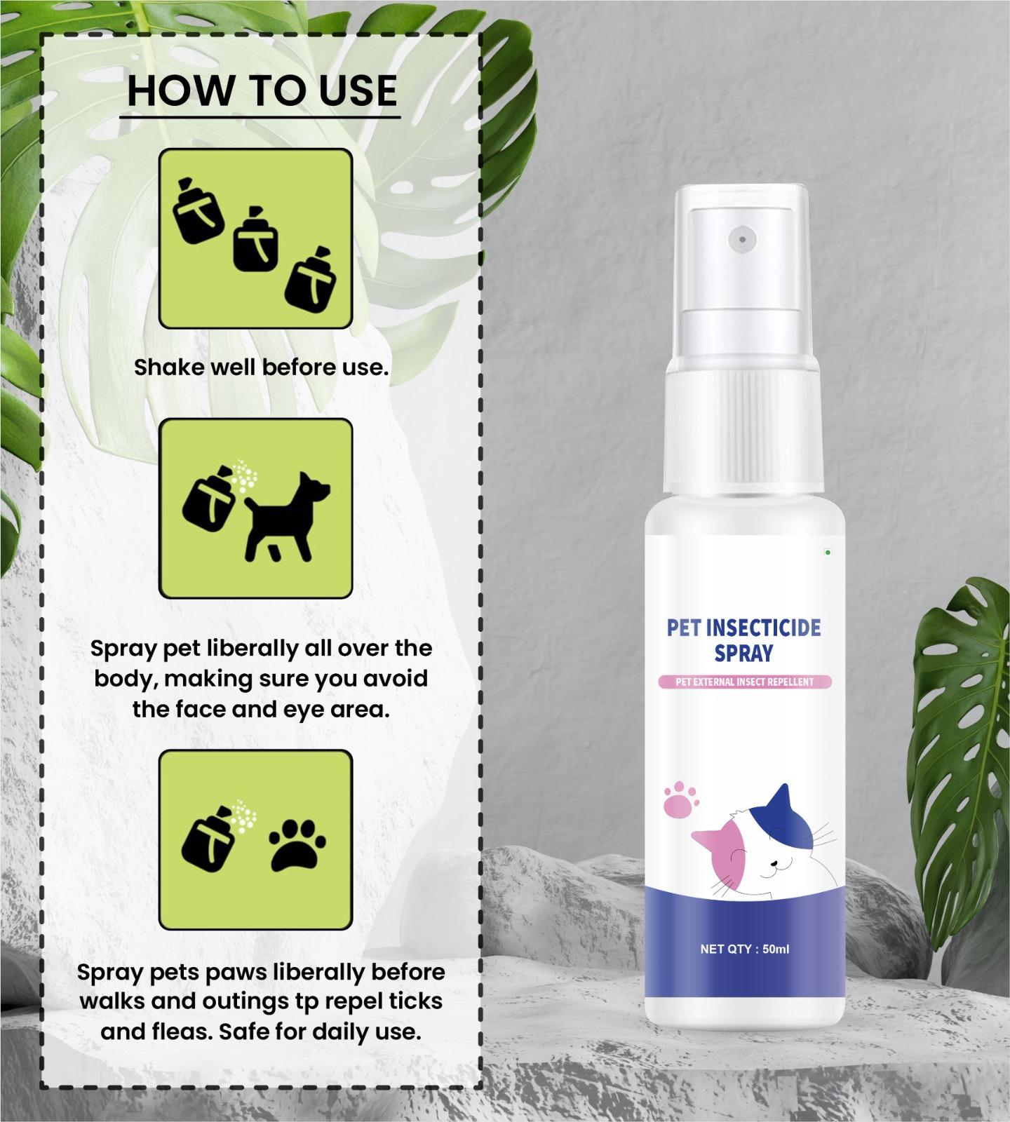 Image showing how to use pet insecticide deodorant spray — shake the bottle, hold 15–20 cm away, spray evenly on pet’s coat, avoiding eyes and mouth, and let dry naturally.