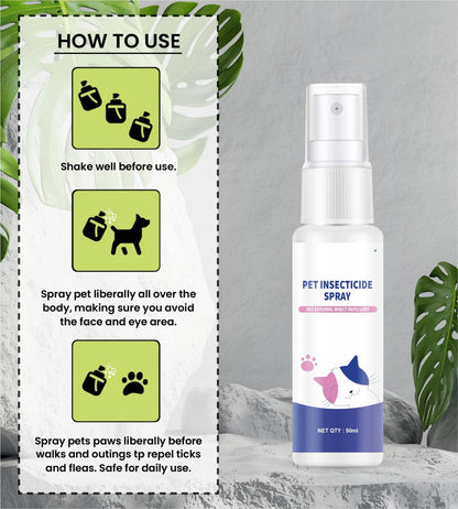 Image showing how to use pet insecticide deodorant spray — shake the bottle, hold 15–20 cm away, spray evenly on pet’s coat, avoiding eyes and mouth, and let dry naturally.