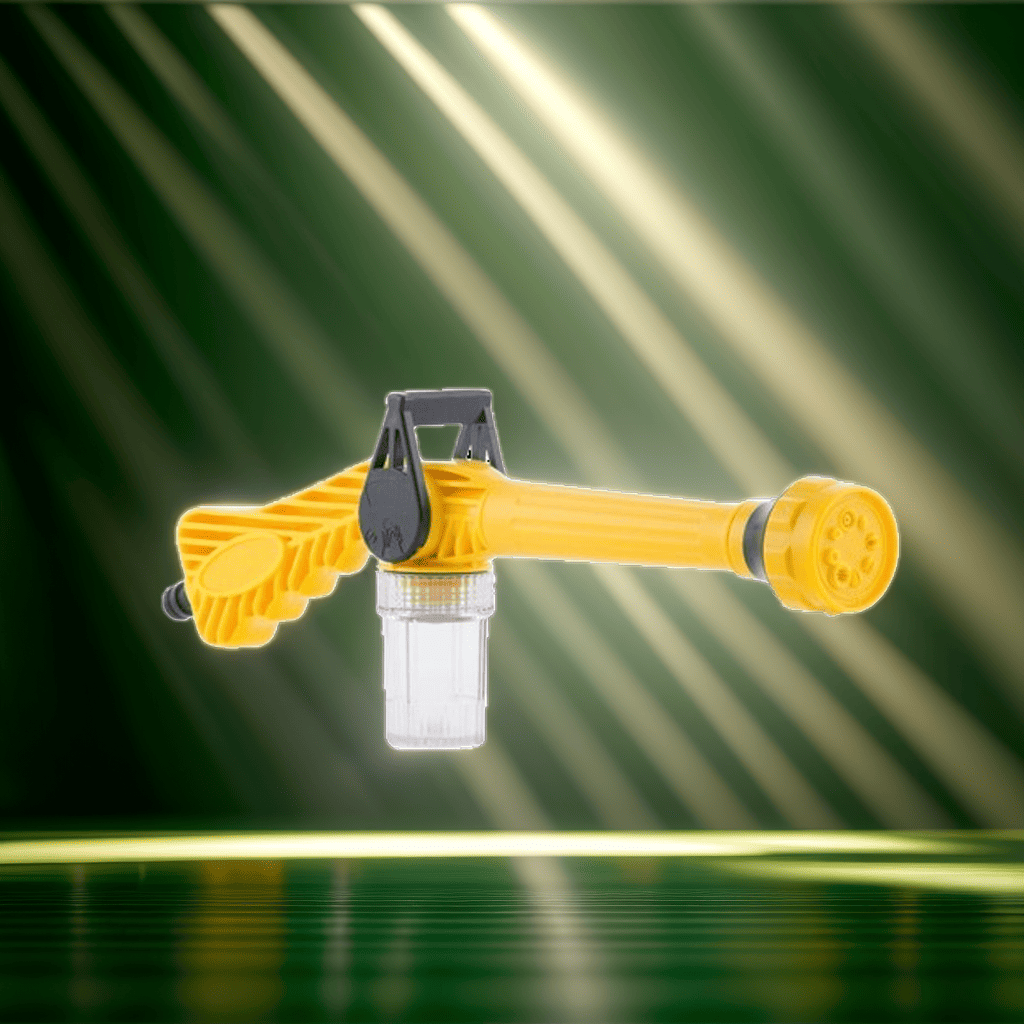 A yellow and black multi-purpose 8-in-1 pressure spray gun attached to a transparent bottle.