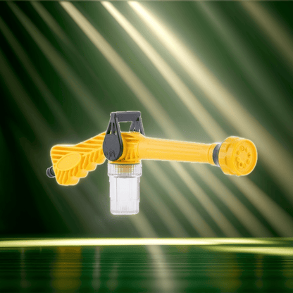 A yellow and black multi-purpose 8-in-1 pressure spray gun attached to a transparent bottle.